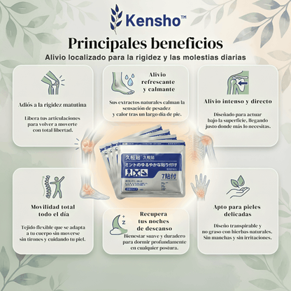 Principales beneficios de los parches Kensho: alivio matutino, refrescante, directo, movilidad total, descanso y apto para pieles delicadas.